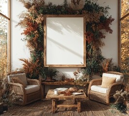 Fototapete - A 3D rendering of a nomadic living room with a bench and decor set against a home interior background has been mockingly created
