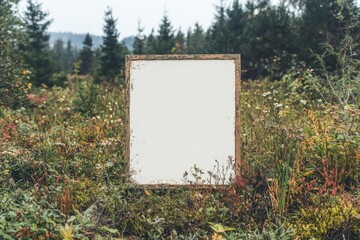 Poster - An empty wooden panel in the forest is a mockup for advertising purposes