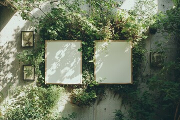 Poster - on a neutral light grey concrete wall, two empty white vertical rectangle poster or card mockups are