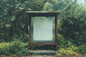 Poster - An empty bus stop shelter beside a main road showcases a blank advertising poster banner mockup, with greenery visible in the background, providing a space for out-of-home OOH vertical billboard