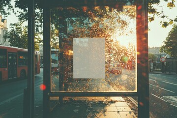 Poster - A bus stop with dual advertising banners, both horizontal and vertical in orientation