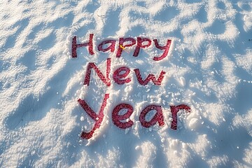 Fototapete - The celebratory spirit was brilliantly captured by the red-colored Happy New Year calligraphy over snow and space, Generative AI.