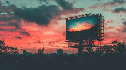 Poster - A blank outdoor sign serves as a template against the backdrop of a dusky sky for advertising purposes