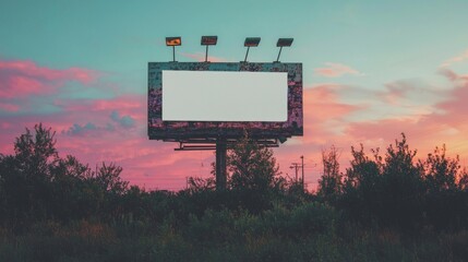 Poster - Design template for a commercial billboard, showcasing a blank exterior sign at dusk