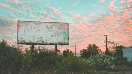 Poster - A large empty marketing billboard stands against the vibrant colors of a sunset evening sky, serving as a mockup template