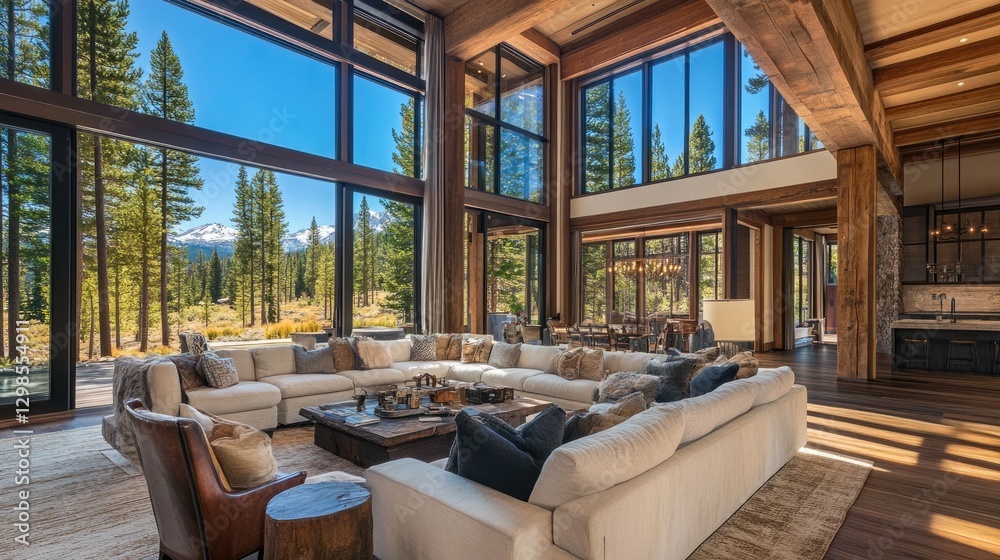Expansive open-plan living room with floor-to-ceiling windows and a ...
