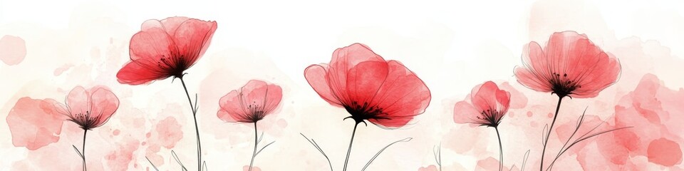 Wall Mural - Elegant Watercolor Poppies, a Soft and Dreamy Background, with Pink Wildflowers Banner.