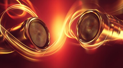 Aufkleber - Dynamic 3D speakers radiating vibrant light waves in an audio rich environment. Generative AI