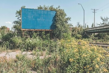 Poster - On a city sidewalk, an empty vertical billboard is mounted beside a tram and bus stop, with the blue sky serving as its backdrop