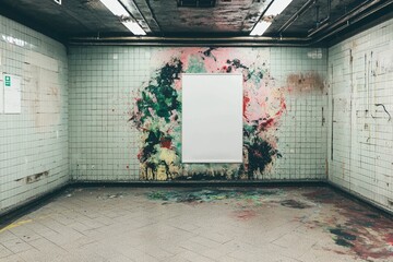 Poster - A subway station's tile wall background provides the backdrop for a blank white digital billboard enclosed in a black frame light box, intended for use in poster advertisements for mockup, design,