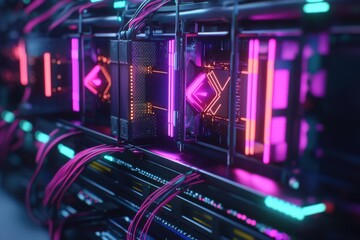 Poster - Vibrant neon-lit data center with interconnected servers and cables at night
