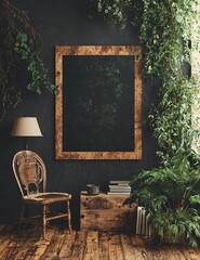 Fototapete - Modern interior featuring a table, posters, and lamps, complete with a poster mockup, as depicted in a 3D illustration