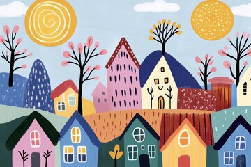 Poster - A modern flat design of a small village with tiny houses and trees