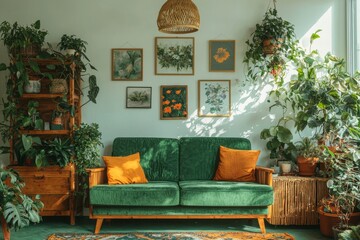 Fototapete - This stock image presents a minimalist living room interior wall mockup that incorporates a Moroccan pouf, a bamboo console, and a blank warm white background