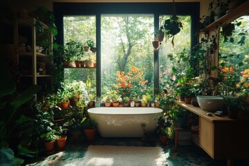 Fototapete - A bathroom that embodies boho chic style features a freestanding white bathtub and a large panoramic window, with dry grass used as decorative elements and a slightly blurred appearance, labeled as