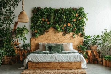 Fototapete - A Scandi boho interior mockup featuring a white bedroom wall with macrame and pampas grass, including a bed and ample free copy space