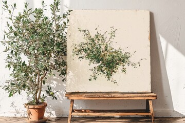 Fototapete - Illustration for stock use, showcasing a Scandi-boho living room with a beige empty wall, a seat, and an olive tree in a stylized mockup