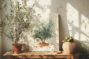 Fototapete - Bohemian Scandinavian living room setting featuring a beige wall, seating, and an olive tree, presented as an illustration for stock purposes