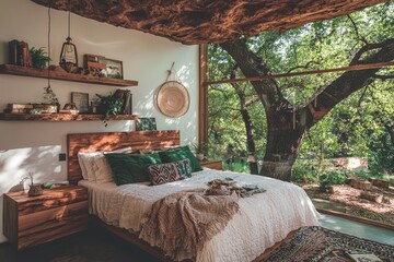 Fototapete - A white bedroom wall serves as the backdrop for this Scandi boho interior mockup, which includes a bed, decorative macrame, and pampas grass, providing ample room for users to insert their own