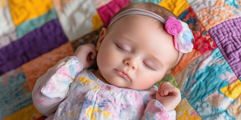 Sticker - A baby girl is sleeping on a bed with a floral headband. The bed is covered in a colorful quilt