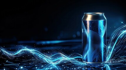 Poster - A futuristic aluminum can with blue glowing waves and digital elements.