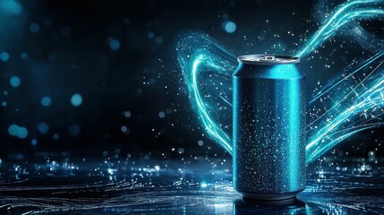 Poster - A sleek blue soda can against a dark background, enhanced by sparkling effects.