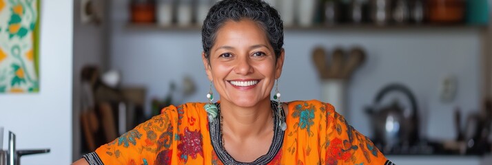 Sticker - A woman in an orange shirt is smiling and posing for a picture. She is wearing a necklace and earrings