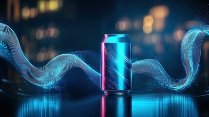 Poster - A vibrant blue-themed soda can against a futuristic backdrop with flowing digital waves.