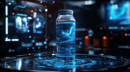 Poster - Futuristic beverage bottle with glowing technology on a digital display.
