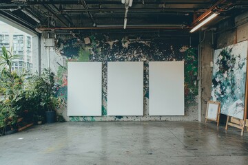 Poster - On the wall, empty cinema posters serve as mockups, utilizing blank frame templates