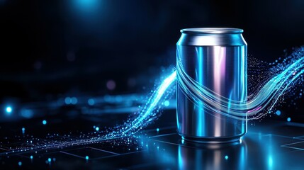 Poster - A sleek metallic can glows amidst a blue, futuristic background.