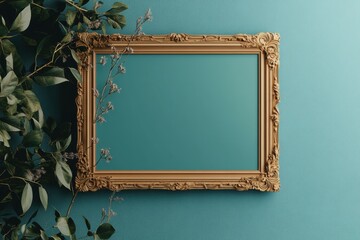 Poster - Ornate gold framed artwork with green foliage on a teal wall