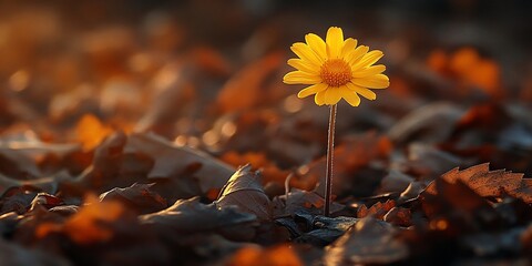 Sticker - Solitary yellow flower autumn leaves sunset