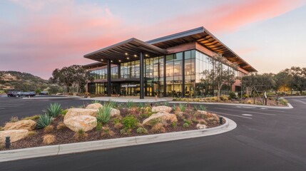 Poster - a modern office building featuring a sleek glass facade is a captivating representation of contempor
