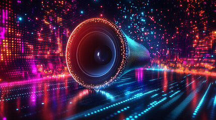 Poster - Close-up of a glowing speaker with vibrant digital light effects, showcasing the fusion of sound and technology in a dynamic futuristic atmosphere.
