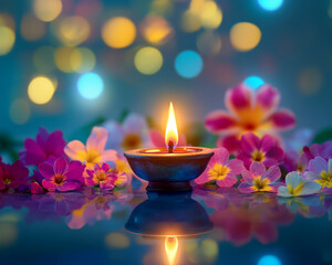 Poster - Close-up of a lit candle surrounded by vibrant flowers with a soft bokeh background, symbolizing relaxation, calmness, and tranquility, perfect for wellness and peaceful ambiance.