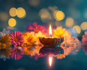 Poster - A traditional oil lamp surrounded by colorful flowers with a soft bokeh effect in the background, symbolizing calm, serenity, and warmth, perfect for peaceful and spiritual ambiance.