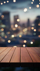 Poster - A wooden table with a blurred bokeh city lights background at night, creating a warm and inviting atmosphere perfect for presentations or adding text.