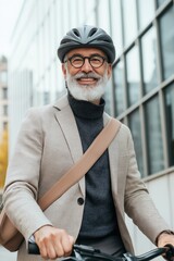 Poster - A man wearing glasses and a helmet is riding a bicycle. He is smiling and he is enjoying himself