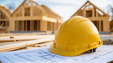 A yellow hard hat rests on a blueprint, as new wooden houses are being constructed in the background under a clear sky. The setting signifies active building development