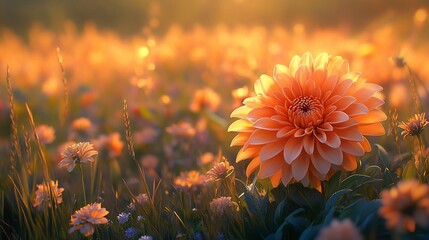 Sticker - Sunset Dahlia Field Orange flower blossoms bathed in golden hour light