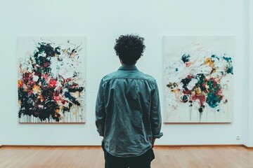 Poster - A businessman gazes at blank white partitions designed for advertising posters or marketing campaigns in a stylish gallery hall featuring metallic benches on a wooden floor with a grey wall