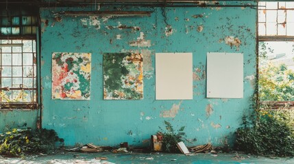 Poster - Four blank white vertical posters on a blue wall in an exhibition hall create an empty interior front view background, photographed for stock purposes