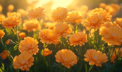 Sticker - Sunset orange flowers field, nature background, summer