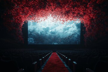 Poster - A movie poster with no image on it is displayed on a theater wall amidst a scene of a red carpet event