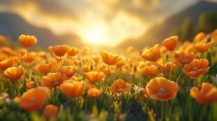 Sticker - Sunset Poppies Meadow, Mountain Background, Peaceful Nature Scene, Calming Wallpaper