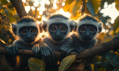 Poster - Three monkey babies in African tree, golden hour