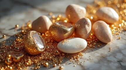 Poster - A pile of gold and white rocks and beads