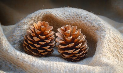 Sticker - Two pine cones on burlap, autumnal scene, nature background, fall decor