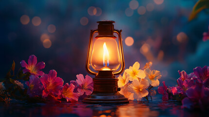 Poster - A vintage lantern glowing warmly surrounded by blooming pink and white flowers, creating a serene and nostalgic atmosphere with soft bokeh lighting in the background.